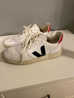 Veja White Leather Sneakers with Navy V and Red Heel